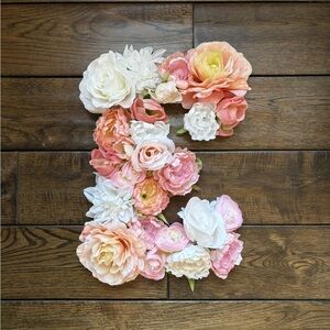 Floral Letter 'E' Wall Decor - Pink, Peach and White, HANDMADE
